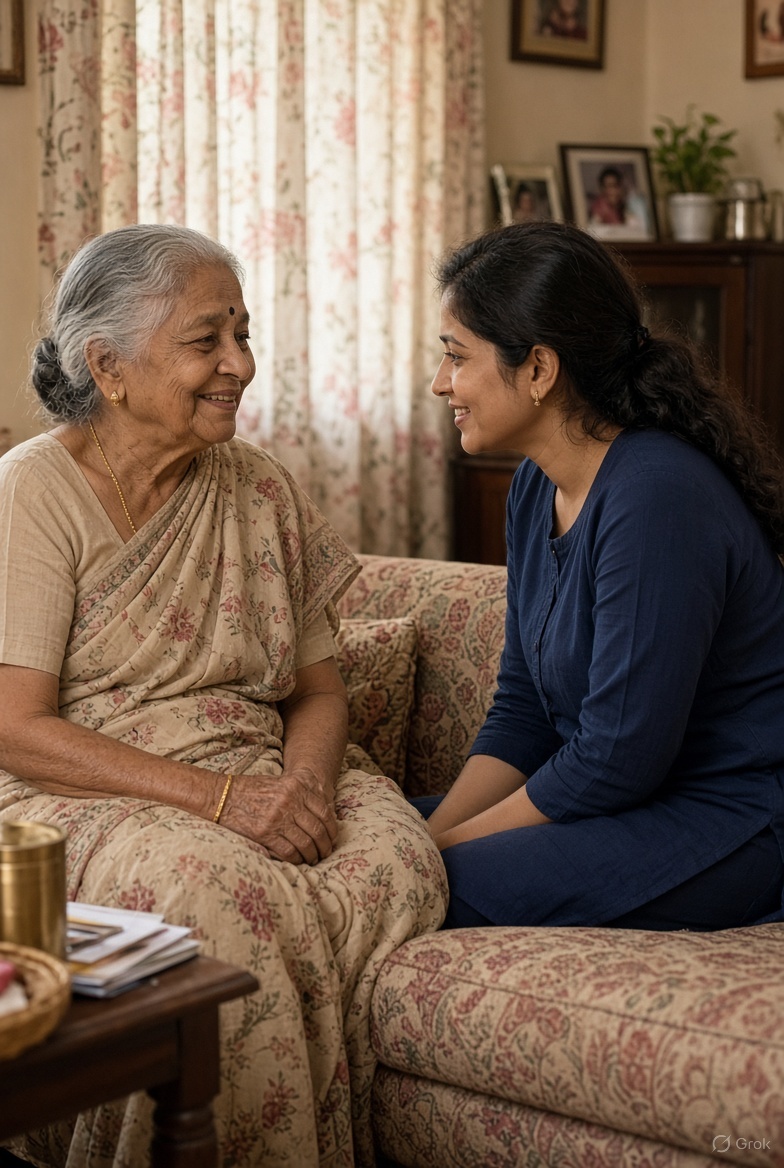 A scene illustrating attendant care at home at home in India